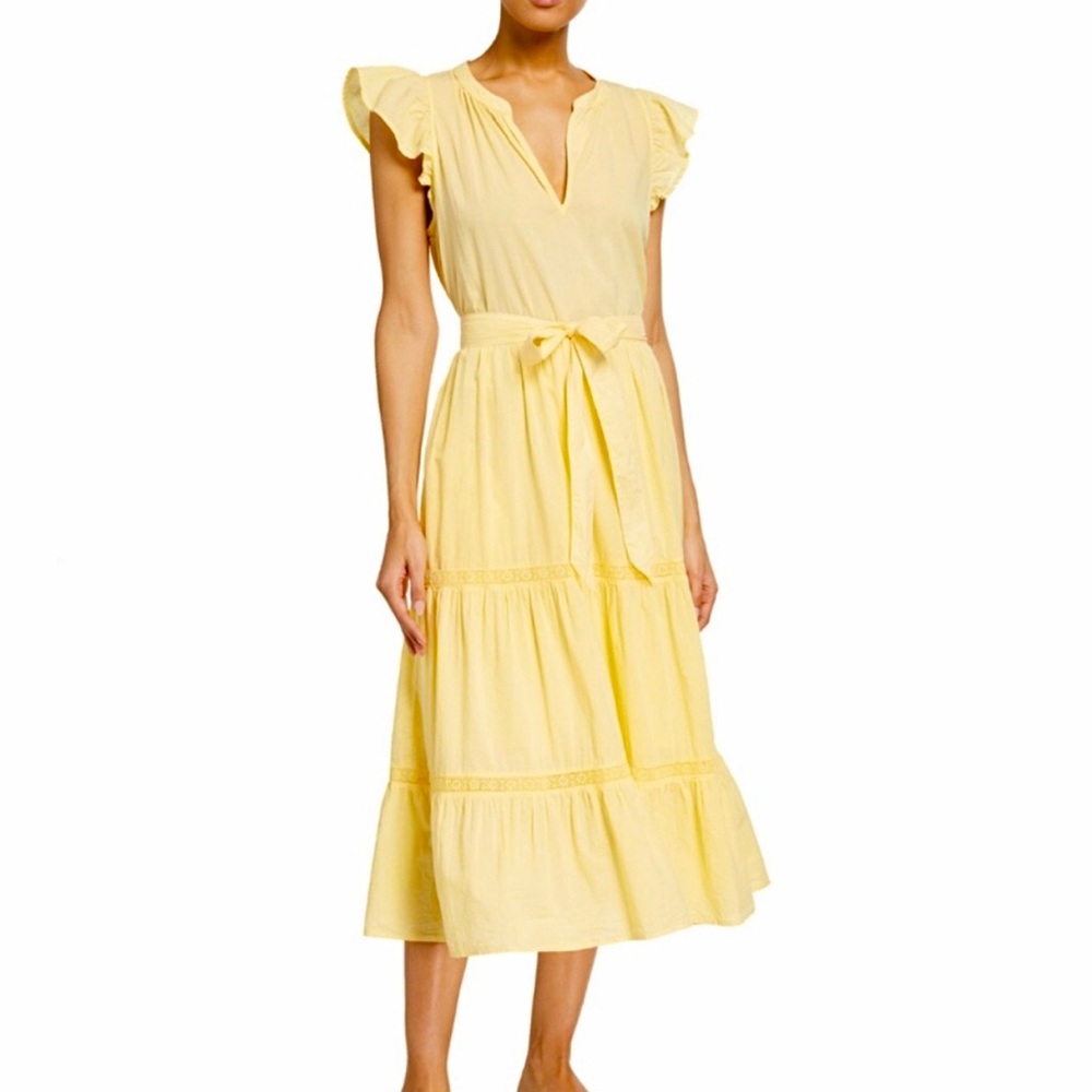 MAGASCHONI Organic Cotton Tiered Flutter Sleeve Midi Dress Lemon